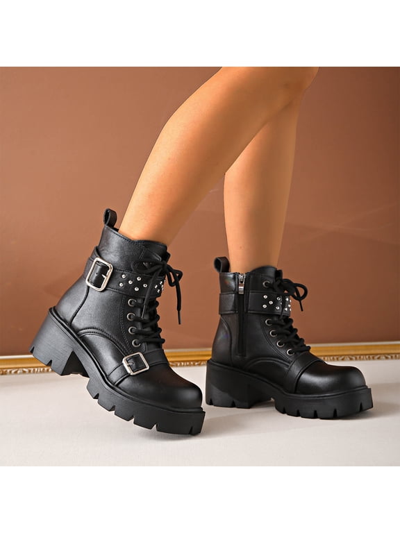 Women's Gothic Buckle Platform Ankle Boots Side Zipper Lace up Combat Boots Casual Low Heel Platform Booties