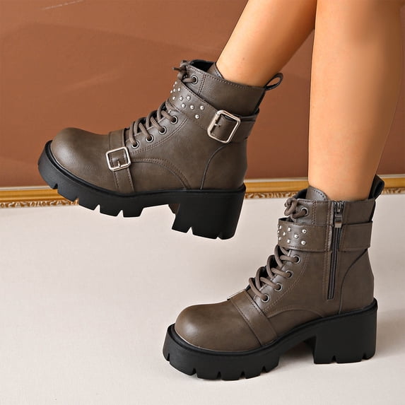 Women's Gothic Buckle Platform Ankle Boots Side Zipper Lace up Combat Boots Casual Low Heel Platform Booties