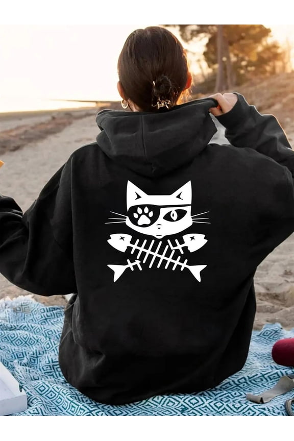 Women's Gothic Cat & Fishbone Print Hooded Sweatshirt - Black & White Kitten & Bone Back Design,WSoft Winter Warm Pullover Sweater with Drawstring HoodeWCasual Gothic Outfit for Themed Events & Casua