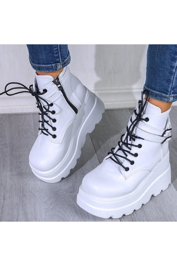 Women's Gothic Chunky Sole Work Ankle Boots,Side Zipper Double Buckle Strap Wedge Tread Sole Punk Short Booties for Daily Vacation White 35