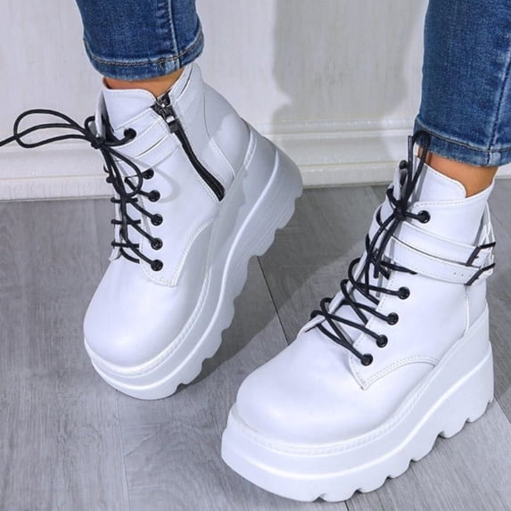 Women's Gothic Chunky Sole Work Ankle Boots,Side Zipper Double Buckle Strap Wedge Tread Sole Punk Short Booties for Daily Vacation White 41