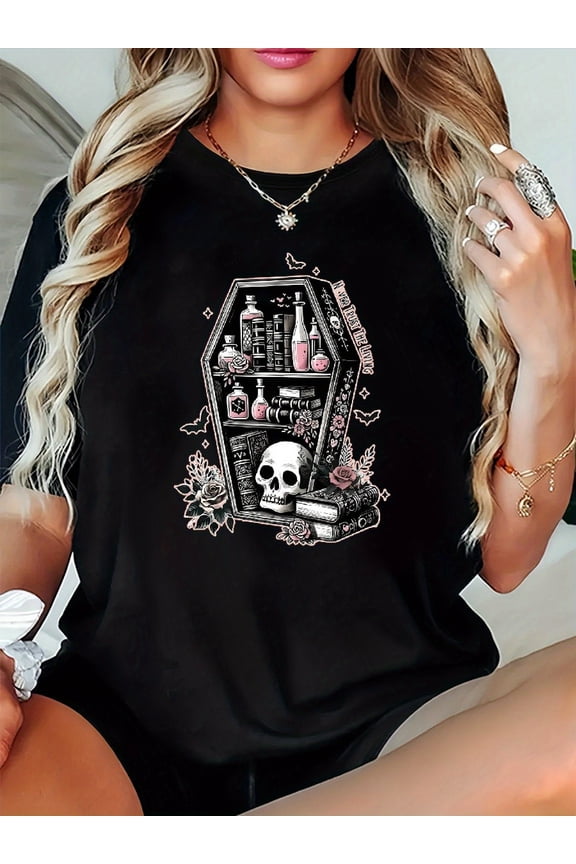 Women's Gothic Coffin Graphic T-Shirt - Black Round Neck Short Sleeve Top with Skull, Roses & Makeup Design, Breathable Light Beige-Friendly Fabric, Fit for Spring/Summer Casual Wear, Goth T Shirt