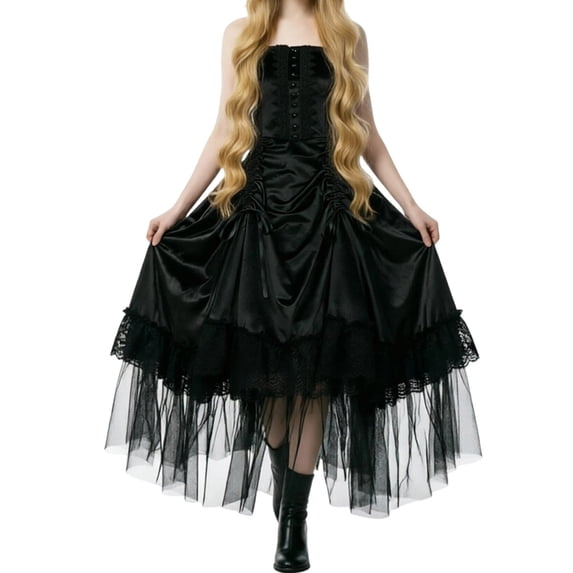Women's Gothic Corset Dress Strapless Tulle High Low Skirt Lace Ruffle Outfits for Dark Witch Vampire Halloween Cosplay Party Renaissance Vintage Gown