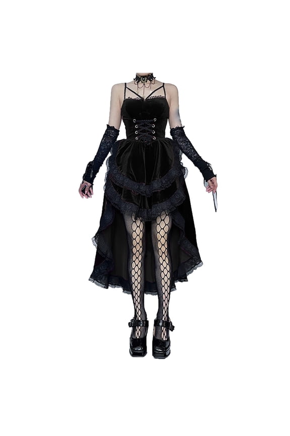 Women's Gothic Court Style Patchwork Suspender Dress Retro Medieval Ball Gown