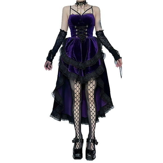 Women's Gothic Court Style Patchwork Suspender Dress Retro Medieval Ball Gown