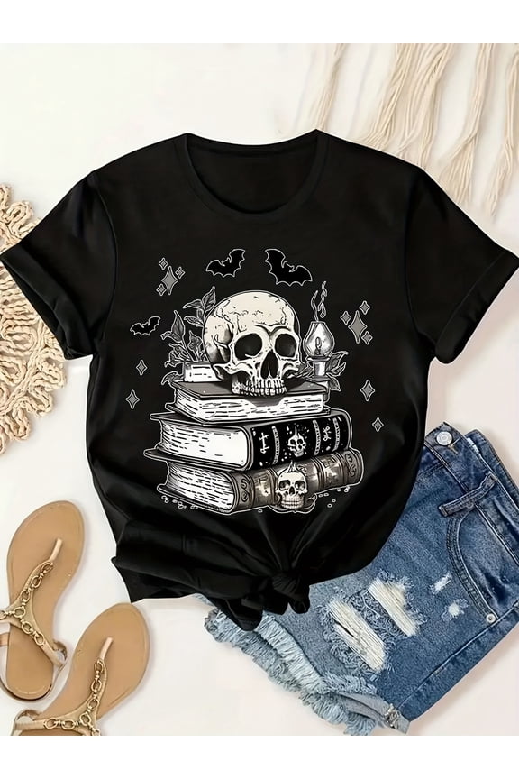 Women's Gothic Dark Academia Skull and Books Graphic T-Shirt