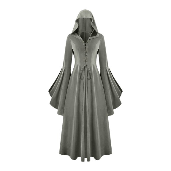 Women's Gothic Dress Halloween Role Play Hooded Renaissance Maxi Dress Tie Front Ruffle Bell Sleeve V Neck Cloak Gown (L, Gray)