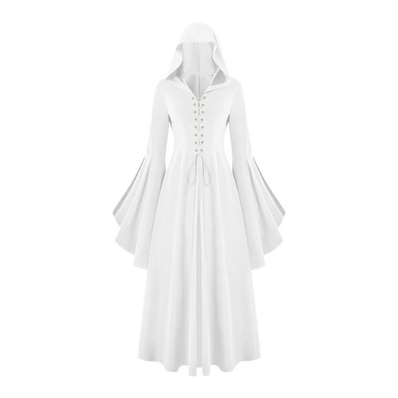 Women's Gothic Dress Halloween Role Play Hooded Renaissance Maxi Dress Tie Front Ruffle Bell Sleeve V Neck Cloak Gown (XL, White)
