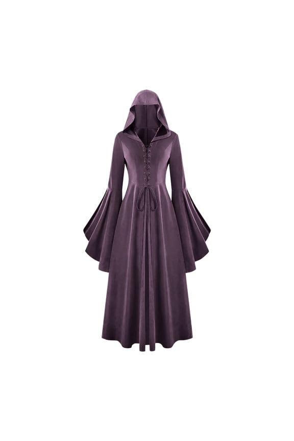 Women's Gothic Dress Halloween Role Play Hooded Renaissance Maxi Dress Tie Front Ruffle Bell Sleeve V Neck Cloak Gown (XXL, Purple)