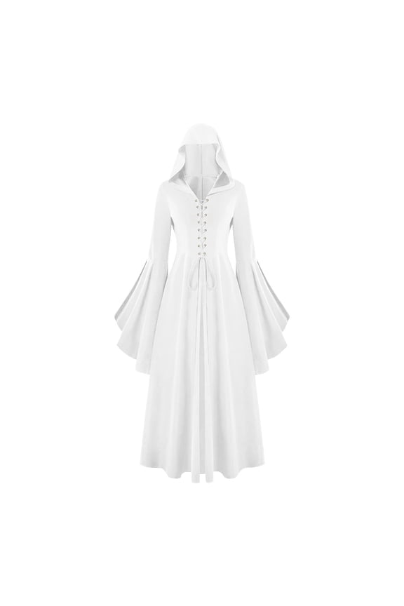 Women's Gothic Dress Halloween Role Play Hooded Renaissance Maxi Dress Tie Front Ruffle Bell Sleeve V Neck Cloak Gown (XXL, White)