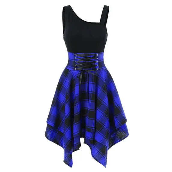 Women's Gothic Dress Plaid Patchwork Sexy High Waist Lace Asymmetrical Casual Women Elegant Gothic Punk Short Party Tank Top-Style1 Blue-L