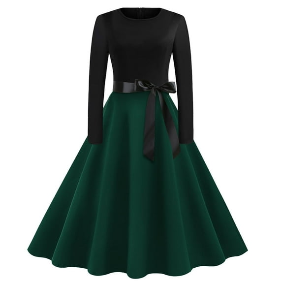 Women's Gothic Dress Steampunk Vintage Tea Dress Halloween Party Dresses Long Sleeve Pleated Swing Belt Dresses S-2XL
