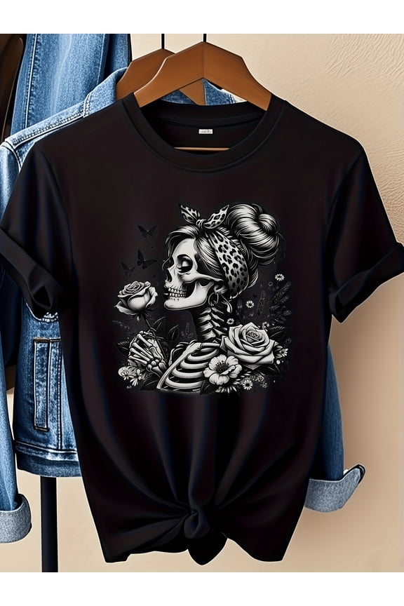 Women's Gothic Floral Skull Leopard Bow Graphic T-Shirt