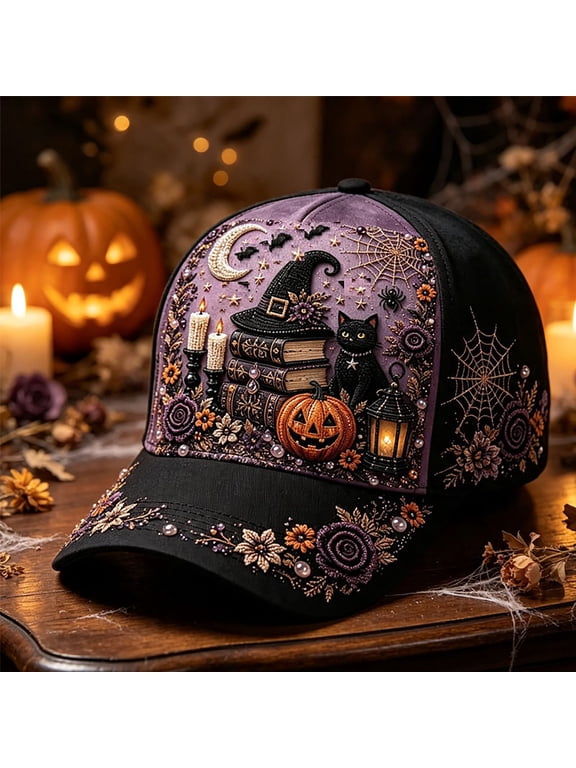 Women's Gothic Halloween Baseball Cap,Ghost Pumpkin Witch Cauldron Candle Moon Print Trucker Hat for Women,Retro Dark Tone Adjustable Snapback Fall Party Accessory for Daily Outdoor Wear,Gift Pink
