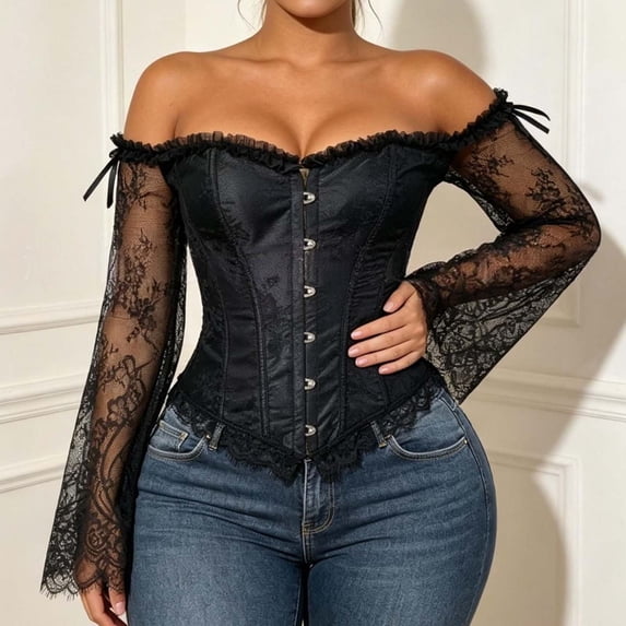 Women's Gothic Halloween Costume Corset Off Shoulder Long Sleeve Lace Trim Bustier Vintage Boned Top for Vampire Witch Cosplay Renaissance Party Wear