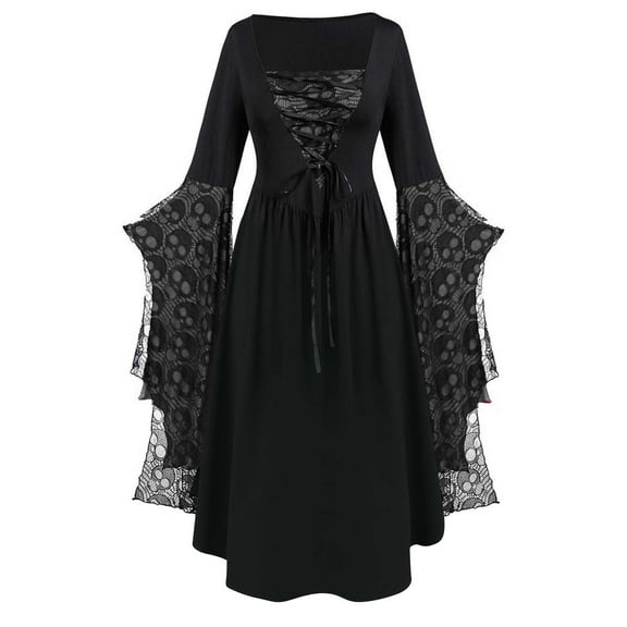 Women's Gothic Halloween Costumes 84 Piece Set Lace Sheer Hooded Cloak Dress Long Sleeves Party Witch Dress