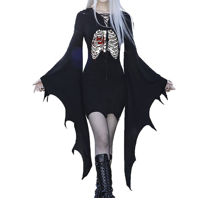 Women's Gothic Heart Skeleton Print Dress with Flared Sleeves Halloween