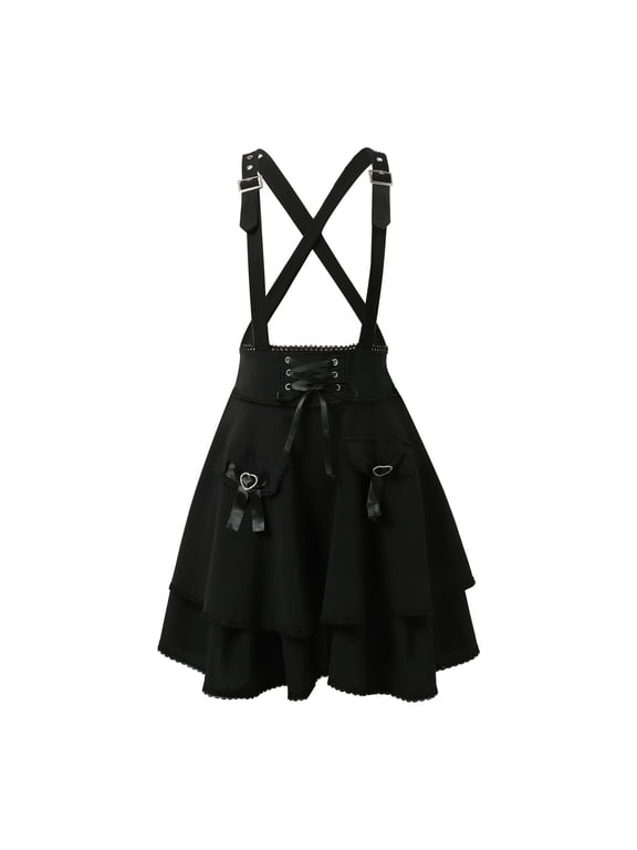 Women's Gothic High Waist Tie Dress Suspender Half Skirt A-Line Mini Tie Slip Dress (Black M)