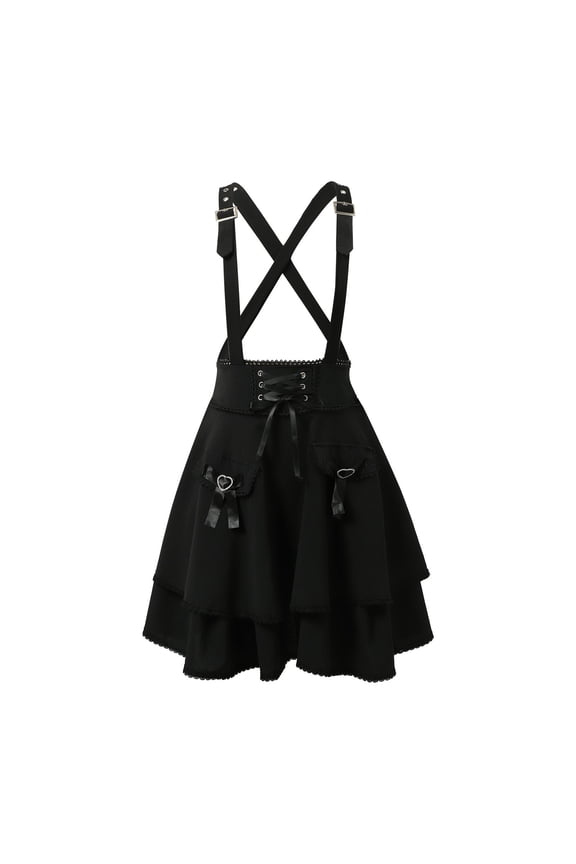 Women's Gothic High Waist Tie Dress Suspender Half Skirt A-Line Mini Tie Dress (Black S)