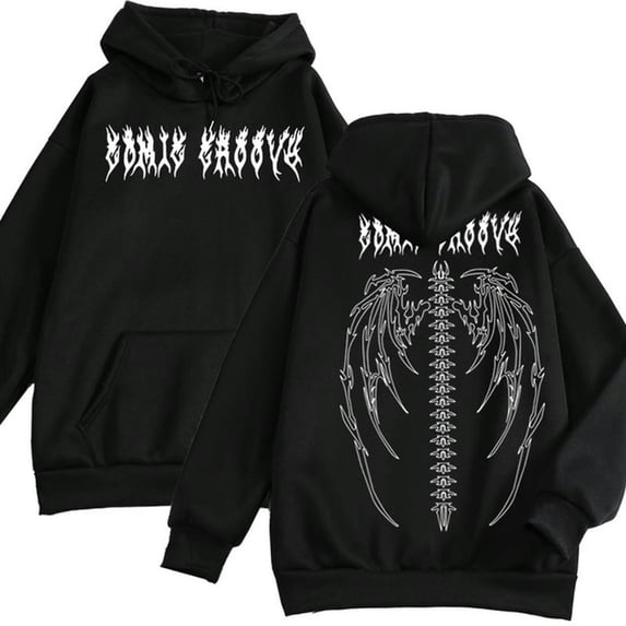 Women's Gothic Hooded Wings Print Plus Size Hoodie Tops Hip Hop Women's Long Sleeve Sweatshirt Pullover-Black-XXL