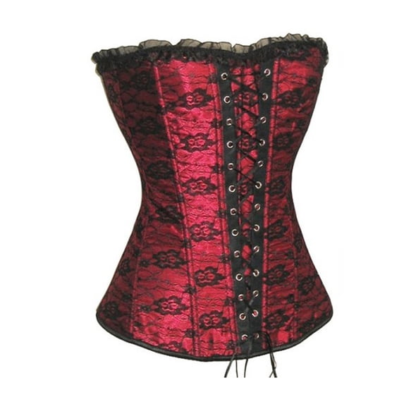 Women's Gothic Lace Corset Waist Cincher Ruffle Back Lace up Fishbone Hourglass Shaper Bustier for Renaissance Halloween Costume Red L