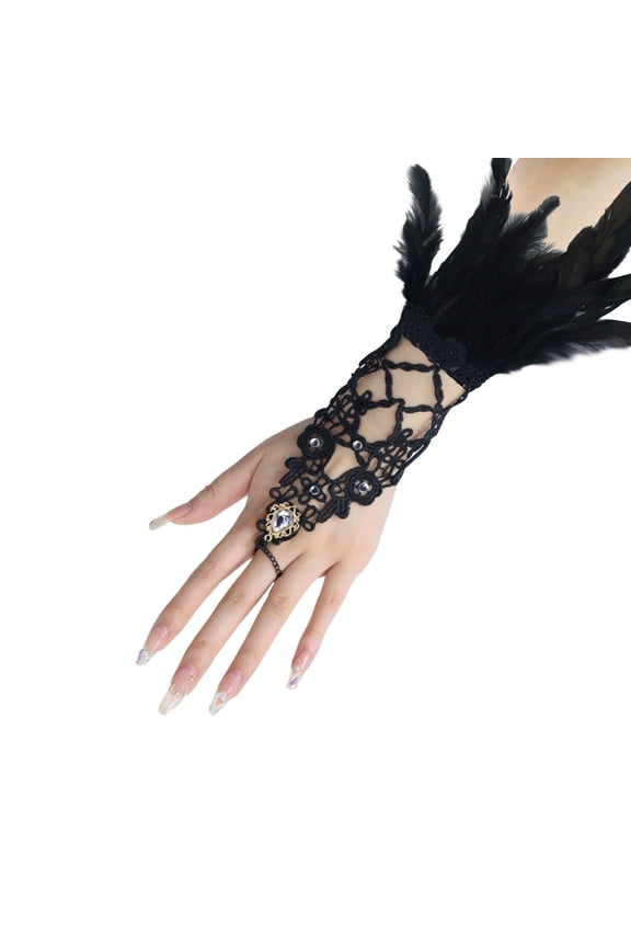 Women's Gothic Lace Fingerless Gloves with Feather Accent, Open Knit Witch Gloves for Halloween Cosplay, Witch Costume Accessories and Gothic Party Gloves - Black