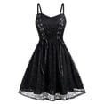 thumbnail image 1 of Women's Gothic Lace Mesh Halloween Mini Dress, Sleeveless Spaghetti Strap A-Line Dress, Corset Lace Up Sheer Overlay Casual Cosplay Party Outfit for Women Black B L, 1 of 3