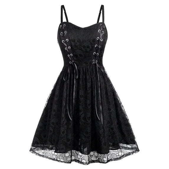 Women's Gothic Lace Mesh Halloween Mini Dress, Sleeveless Spaghetti Strap A-Line Dress, Corset Lace Up Sheer Overlay Casual Cosplay Party Outfit for Women Black B L