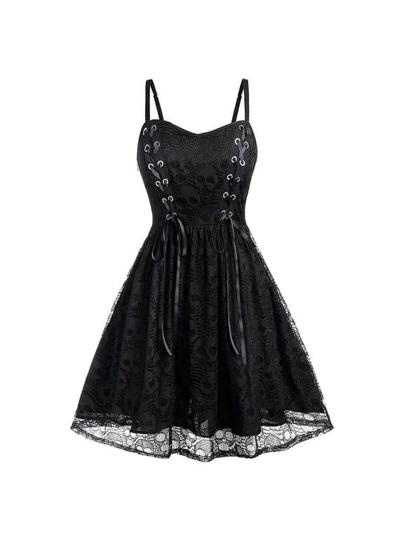 Women's Gothic Lace Mesh Halloween Mini Dress, Sleeveless Spaghetti Strap A-Line Dress, Corset Lace Up Sheer Overlay Casual Cosplay Party Outfit for Women Black B XL