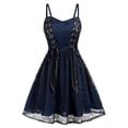 thumbnail image 1 of Women's Gothic Lace Mesh Halloween Mini Dress, Sleeveless Spaghetti Strap A-Line Dress, Corset Lace Up Sheer Overlay Casual Cosplay Party Outfit for Women Blue B XL, 1 of 3