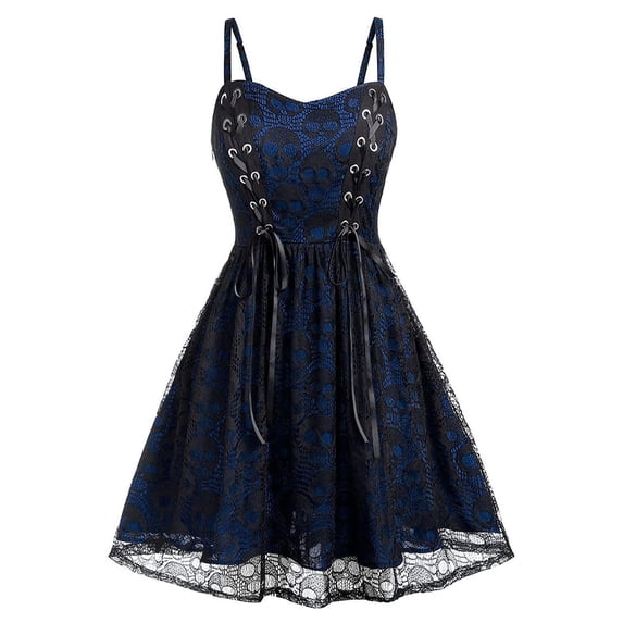 Women's Gothic Lace Mesh Halloween Mini Dress, Sleeveless Spaghetti Strap A-Line Dress, Corset Lace Up Sheer Overlay Casual Cosplay Party Outfit for Women Blue B XL