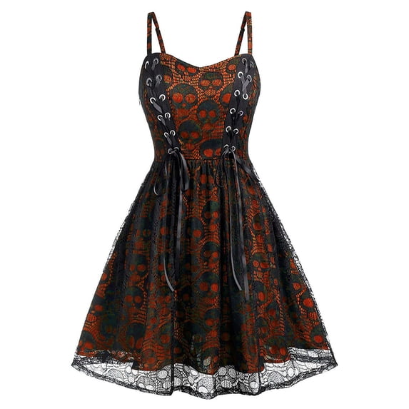 Women's Gothic Lace Mesh Halloween Mini Dress, Sleeveless Spaghetti Strap A-Line Dress, Corset Lace Up Sheer Overlay Casual Cosplay Party Outfit for Women Saffron B 2XL