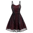 thumbnail image 1 of Women's Gothic Lace Mesh Halloween Mini Dress, Sleeveless Spaghetti Strap A-Line Dress, Corset Lace Up Sheer Overlay Casual Cosplay Party Outfit for Women Wine B M, 1 of 1