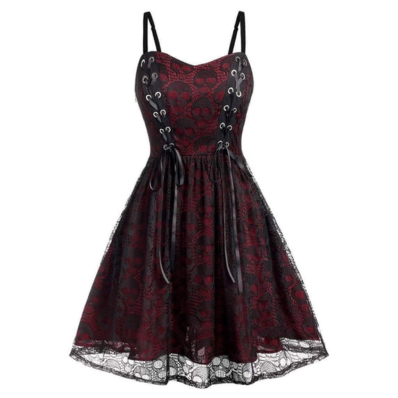 Women's Gothic Lace Mesh Halloween Mini Dress, Sleeveless Spaghetti Strap A-Line Dress, Corset Lace Up Sheer Overlay Casual Cosplay Party Outfit for Women Wine B M