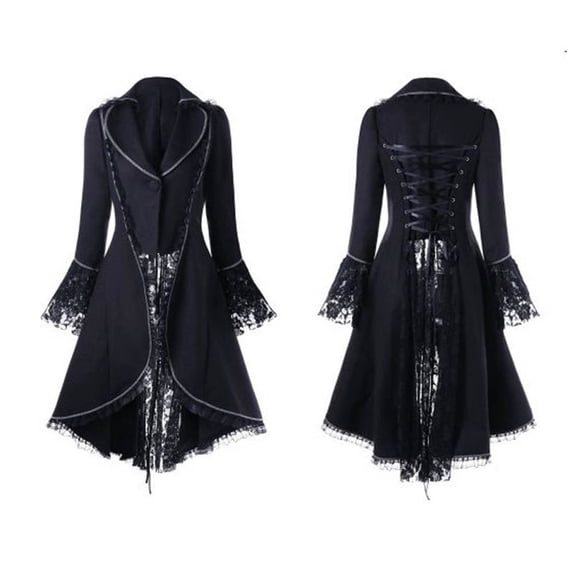 Women's Gothic Lace Trim Long Coat with Bell Sleeves for Halloween Party Dress Up Clothes Themed Party Role Play and Pretend Play