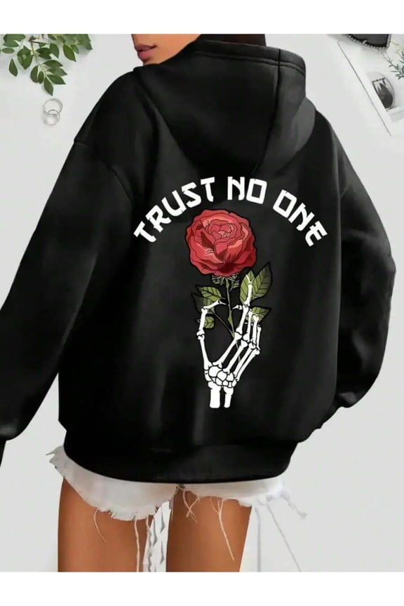 Women's Gothic Letter Print Hoodie With Adjustable Drawstring Hood And Front Pocket - Soft Blend Fabric Loose Street Style Sweater With Gothic And Skull Design, Washable Winter Warm Casual Daily Wear