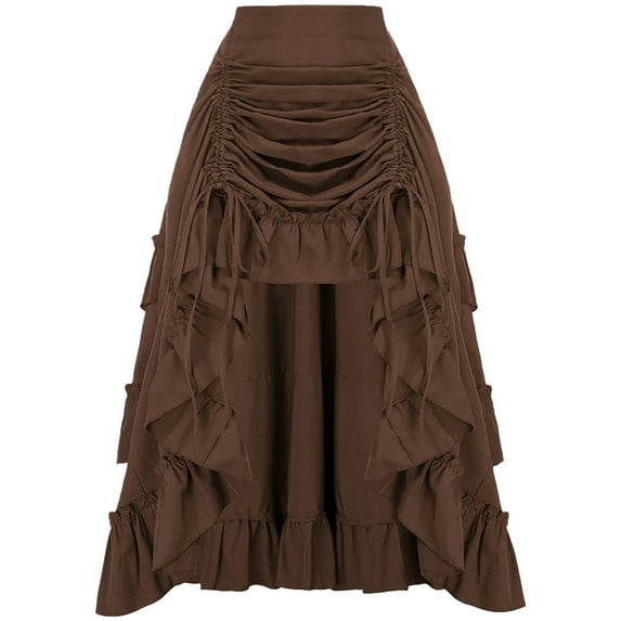 Women's Gothic Maxi Skirts Renaissance Steampunk Drawstring Ruffle High-Low Darkness Skirts Brown S