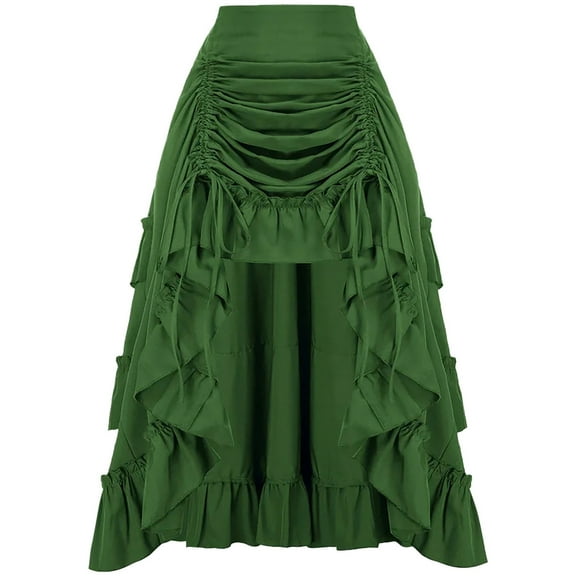 Women's Gothic Maxi Skirts Renaissance Steampunk Drawstring Ruffle High-Low Darkness Skirts Green M