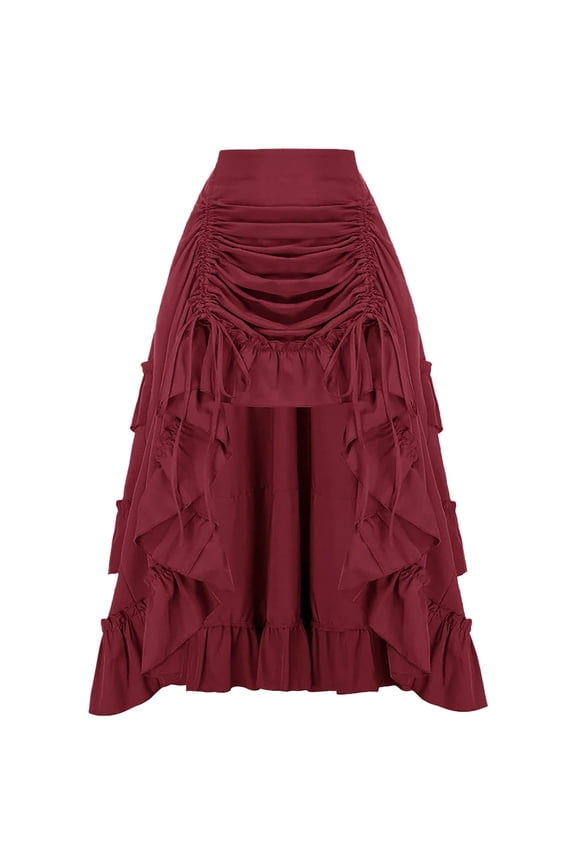 Women's Gothic Maxi Skirts Renaissance Steampunk Drawstring Ruffle High-Low Darkness Skirts Wine XXL