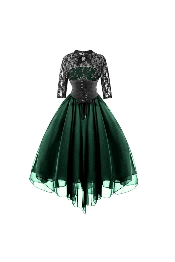 Women's Gothic Midi Dress Vintage Cocktail Flowy Dress with Corset Lace Short Sleeve Casual Wedding Prom Evening Dress S-73 Green XXL
