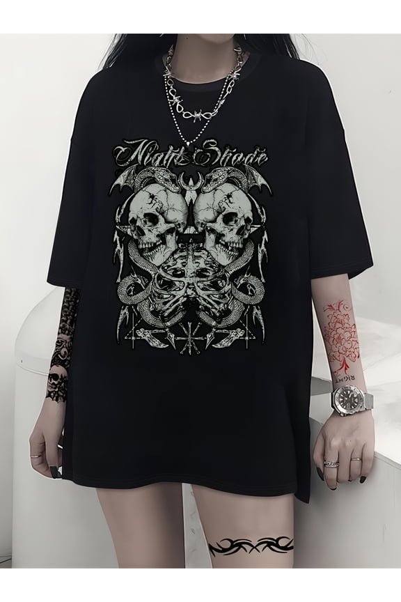 Women's Gothic Oversized Skull Snake Graphic T-Shirt