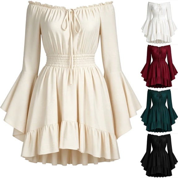 Women's Gothic Pirate off Shoulder Mini Dress Bell Sleeve Flowy Layered Ruffle Trim Halloween Party Costumes