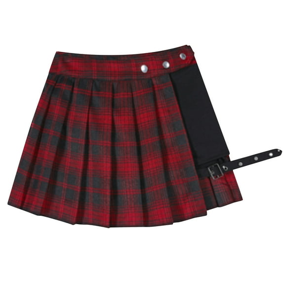 Women's Gothic Plaid Skirt Patchwork Button High Waisted A-Line Pleated Mini Skirts for Teen Girls L