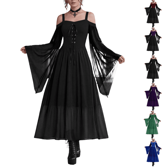 Women's Gothic Punk Dress Cold Shoulder Butterfly Sleeve Christmas Cosplay Party Dress Black L
