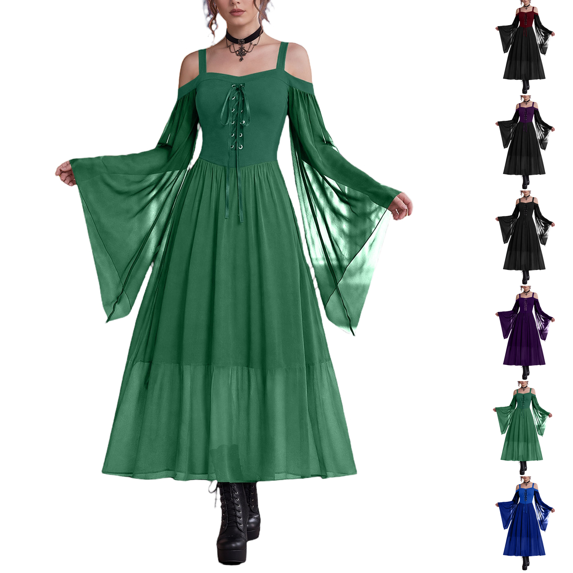 Women's Gothic Punk Dress Cold Shoulder Butterfly Sleeve Christmas Cosplay Party Dress Green 2XL