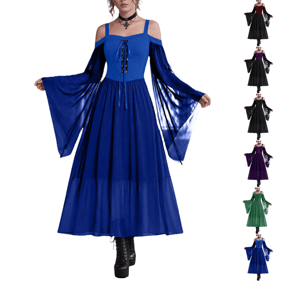 Women's Gothic Punk Dress Cold Shoulder Butterfly Sleeve Christmas Cosplay Party Dress Navy 2XL
