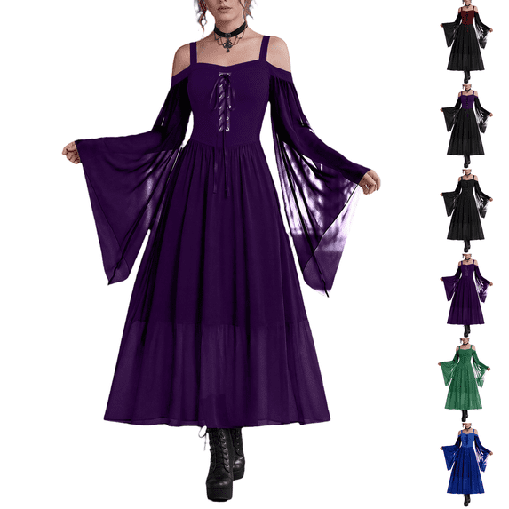 Women's Gothic Punk Dress Cold Shoulder Butterfly Sleeve Christmas Cosplay Party Dress Purple 5XL