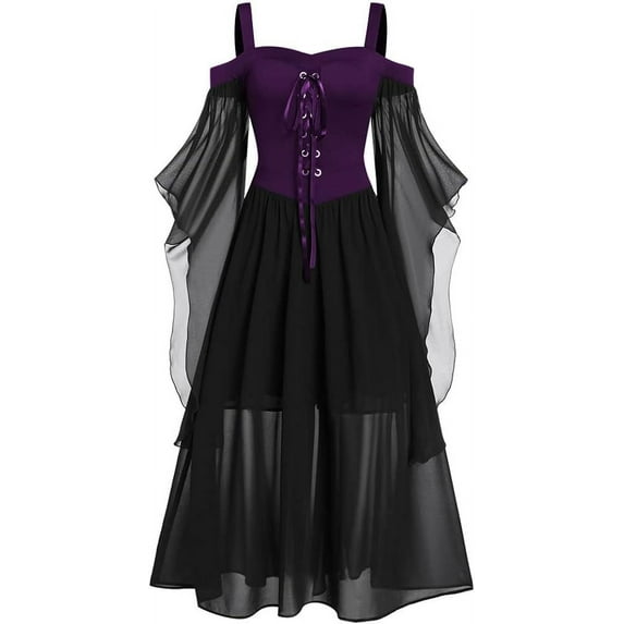Women's Gothic Punk Dress Cold Shoulder Butterfly Sleeve Christmas Cosplay Party Dress