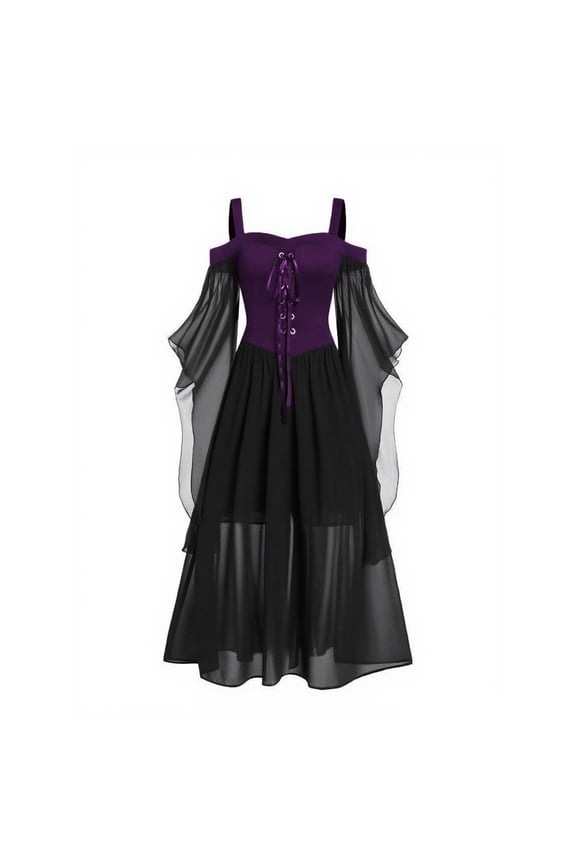 Women's Gothic Punk Dress Cold Shoulder Butterfly Sleeve Halloween Christmas Costumes Party Dress Steampunk Outfit