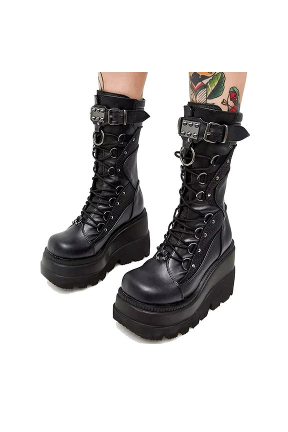 Women's Gothic Punk Platform Boots Chunky Wedge Heel Combat Booties Lace-Up and Zipper Round Toe Mid Calf Motorcycle Boot